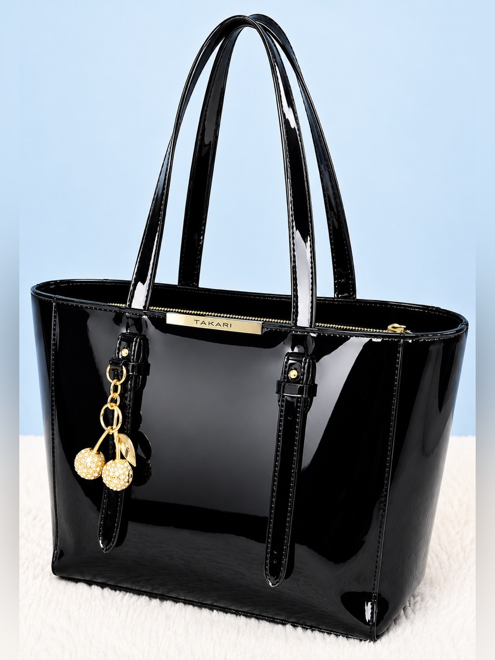 Tahari Black Patent Tote Large Shoulder Bag Work Office Career Chic Gold Tone - Picture 5 of 10